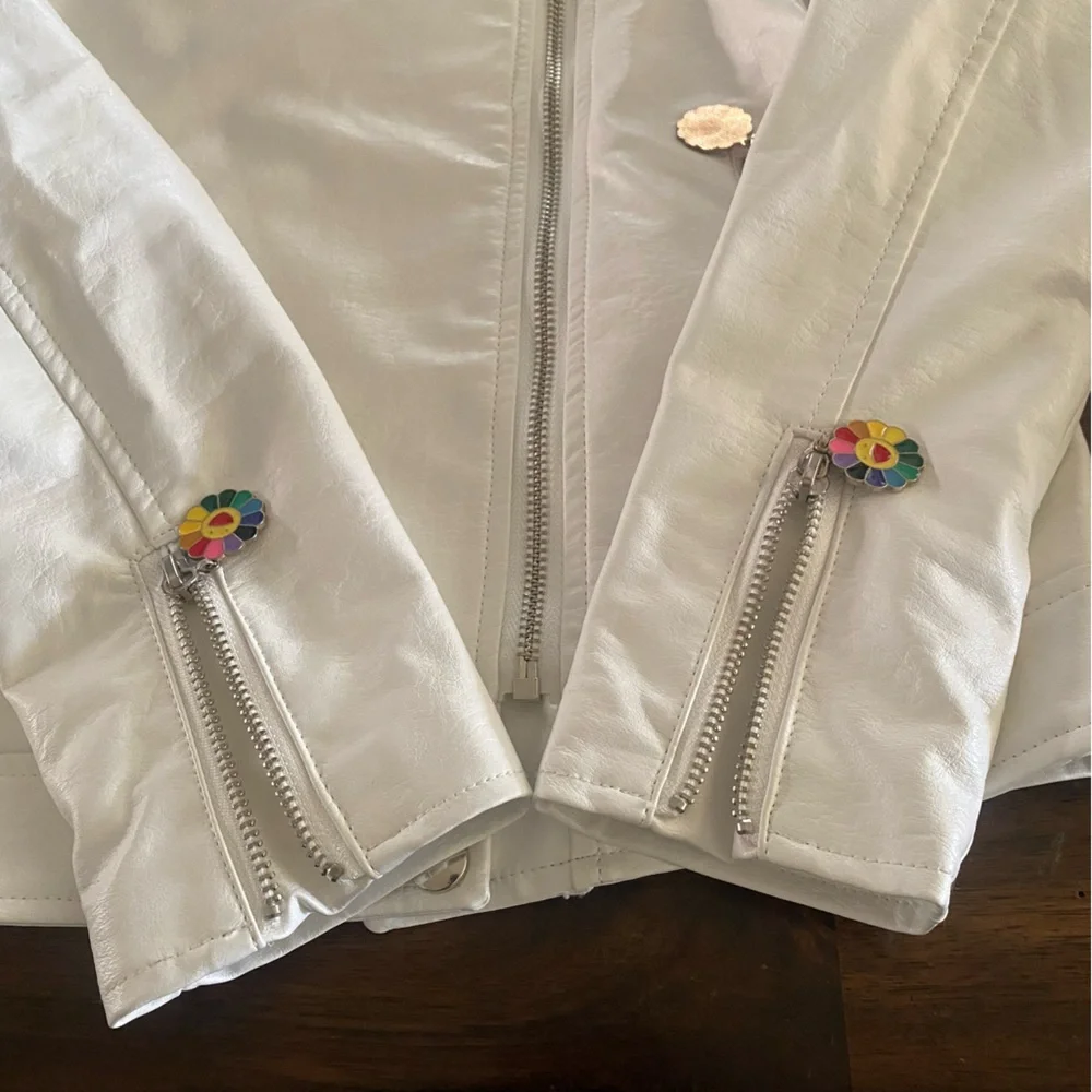 Lola + The Boys White Vegan Rainbow Leather Kids Jacket